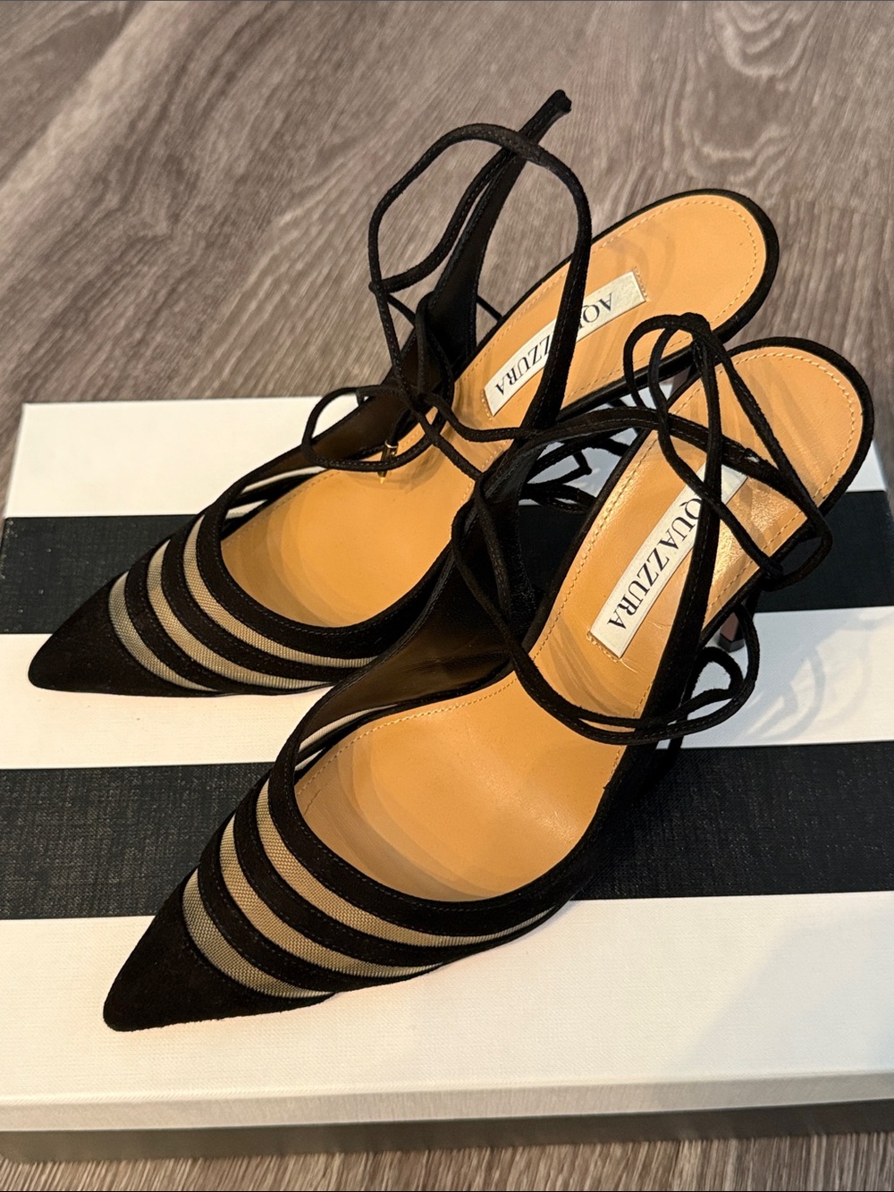 Aquazzura Black Striped Mesh & Suede Lace-Up Pointed Pump - Picture 3 of 3